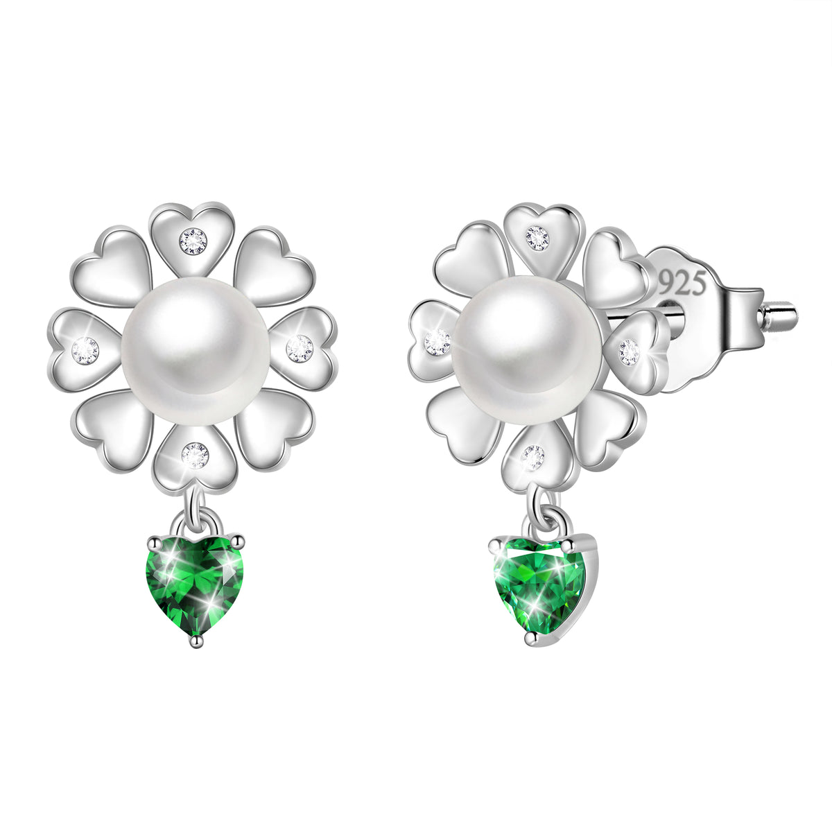Flower Natural Pearl Earrings,925 Sterling Silver Heart Birthstone Stud Earrings Birthday Anniversary Christmas Jewelry Gifts for Women / Wife / Lovers