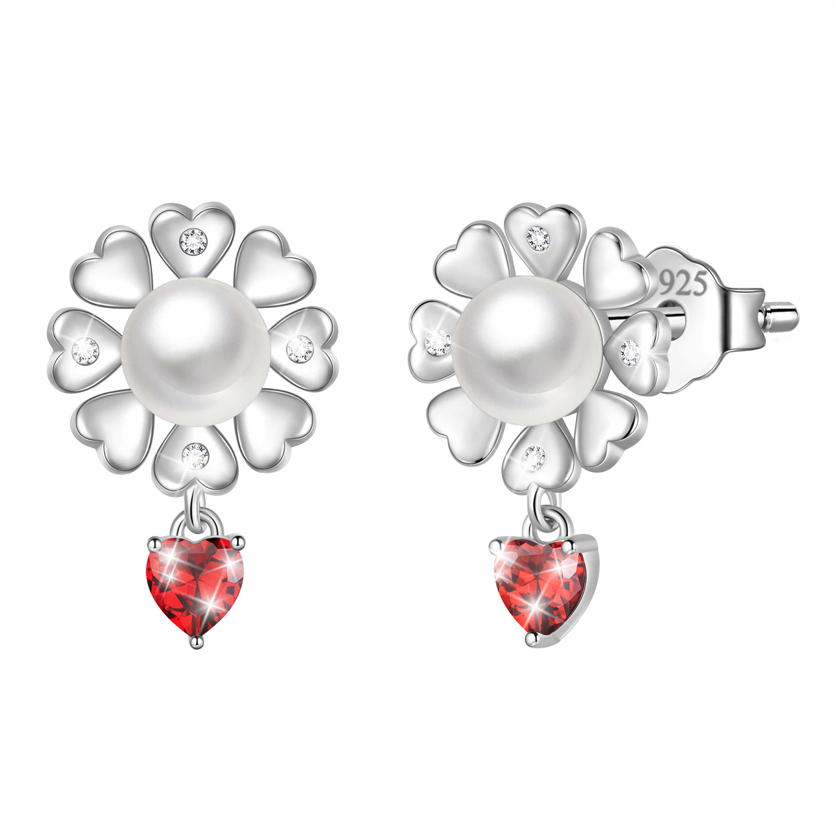 Flower Natural Pearl Earrings,925 Sterling Silver Heart Birthstone Stud Earrings Birthday Anniversary Christmas Jewelry Gifts for Women / Wife / Lovers