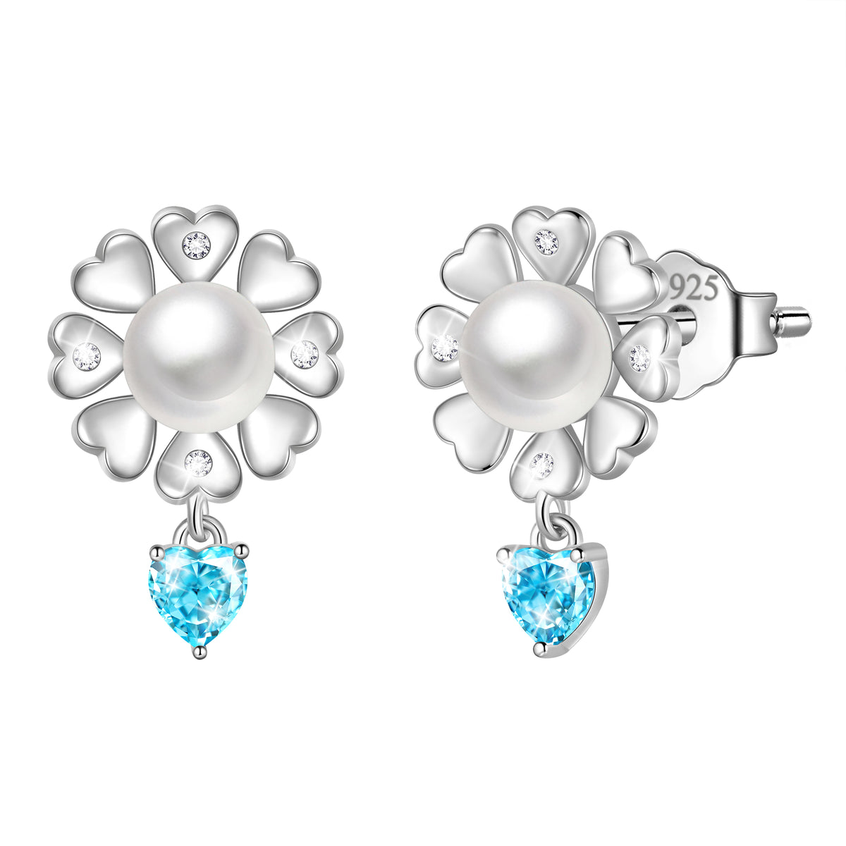 Flower Natural Pearl Earrings,925 Sterling Silver Heart Birthstone Stud Earrings Birthday Anniversary Christmas Jewelry Gifts for Women / Wife / Lovers