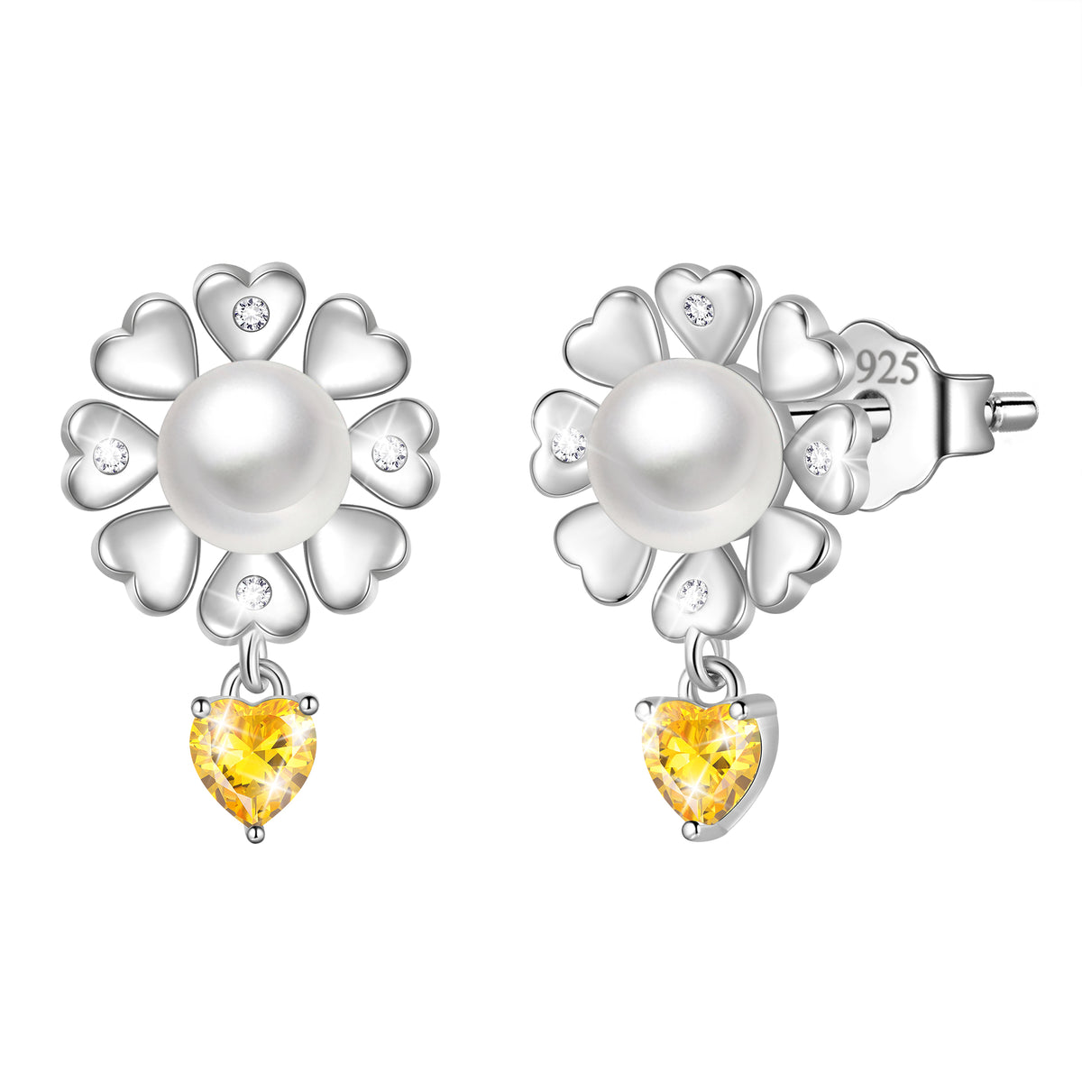 Flower Natural Pearl Earrings,925 Sterling Silver Heart Birthstone Stud Earrings Birthday Anniversary Christmas Jewelry Gifts for Women / Wife / Lovers