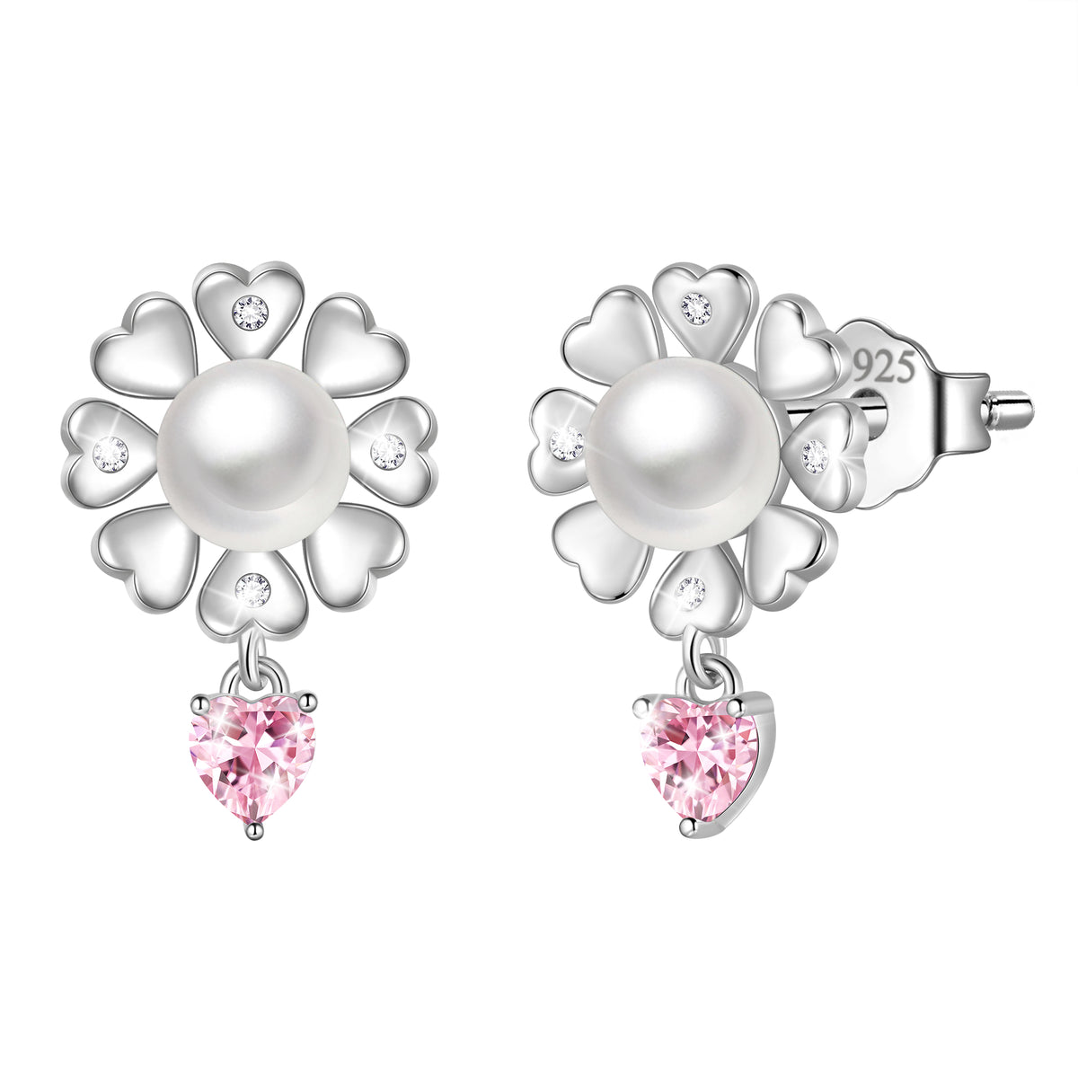 Flower Natural Pearl Earrings,925 Sterling Silver Heart Birthstone Stud Earrings Birthday Anniversary Christmas Jewelry Gifts for Women / Wife / Lovers