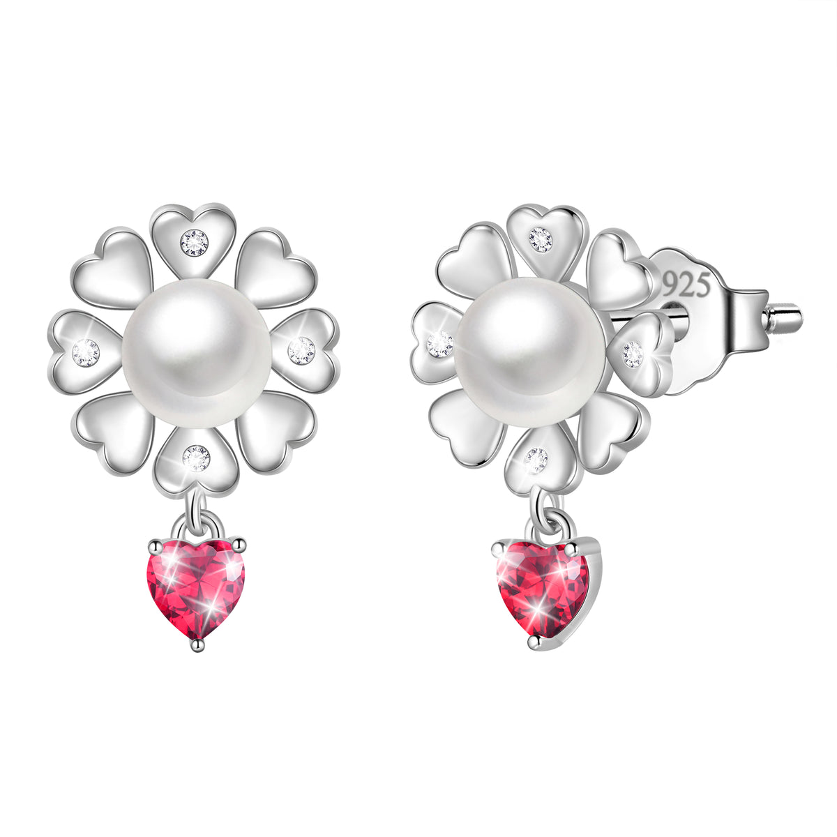 Flower Natural Pearl Earrings,925 Sterling Silver Heart Birthstone Stud Earrings Birthday Anniversary Christmas Jewelry Gifts for Women / Wife / Lovers