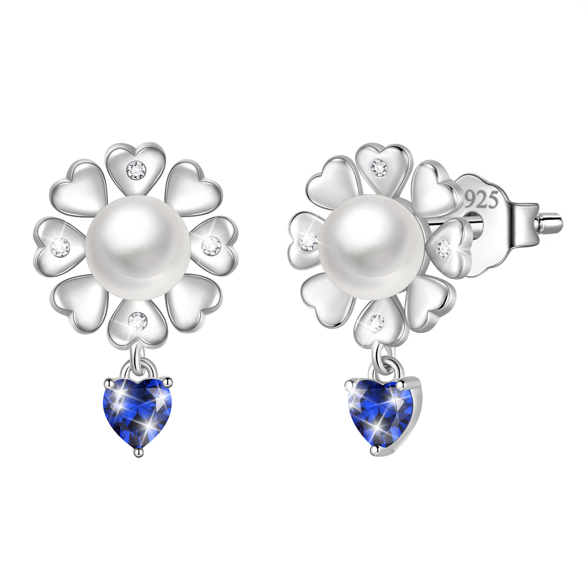 Flower Natural Pearl Earrings,925 Sterling Silver Heart Birthstone Stud Earrings Birthday Anniversary Christmas Jewelry Gifts for Women / Wife / Lovers