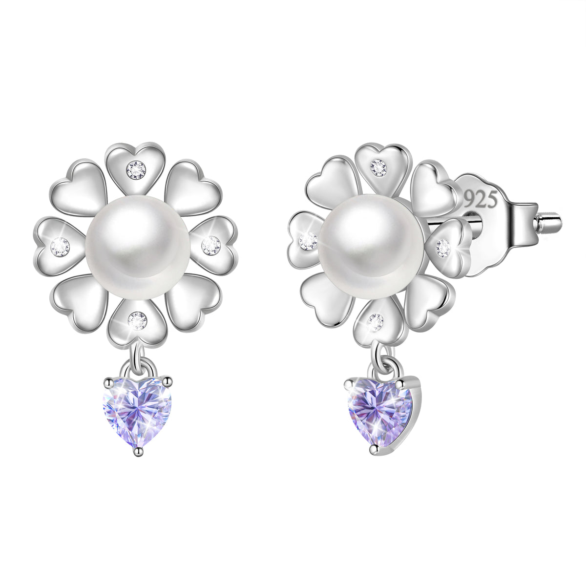 Flower Natural Pearl Earrings,925 Sterling Silver Heart Birthstone Stud Earrings Birthday Anniversary Christmas Jewelry Gifts for Women / Wife / Lovers
