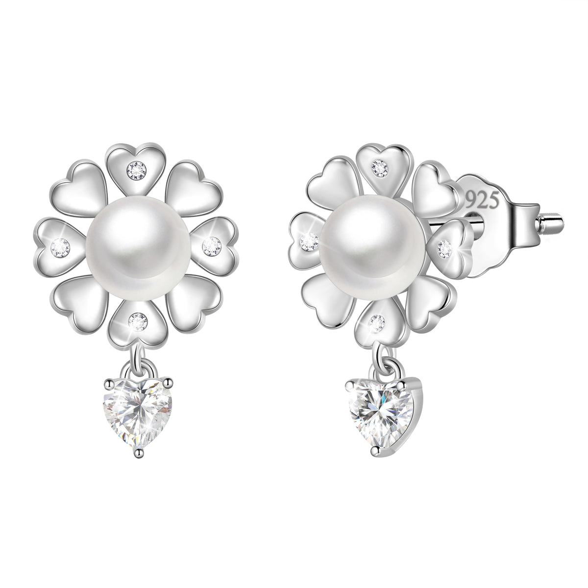 Flower Natural Pearl Earrings,925 Sterling Silver Heart Birthstone Stud Earrings Birthday Anniversary Christmas Jewelry Gifts for Women / Wife / Lovers