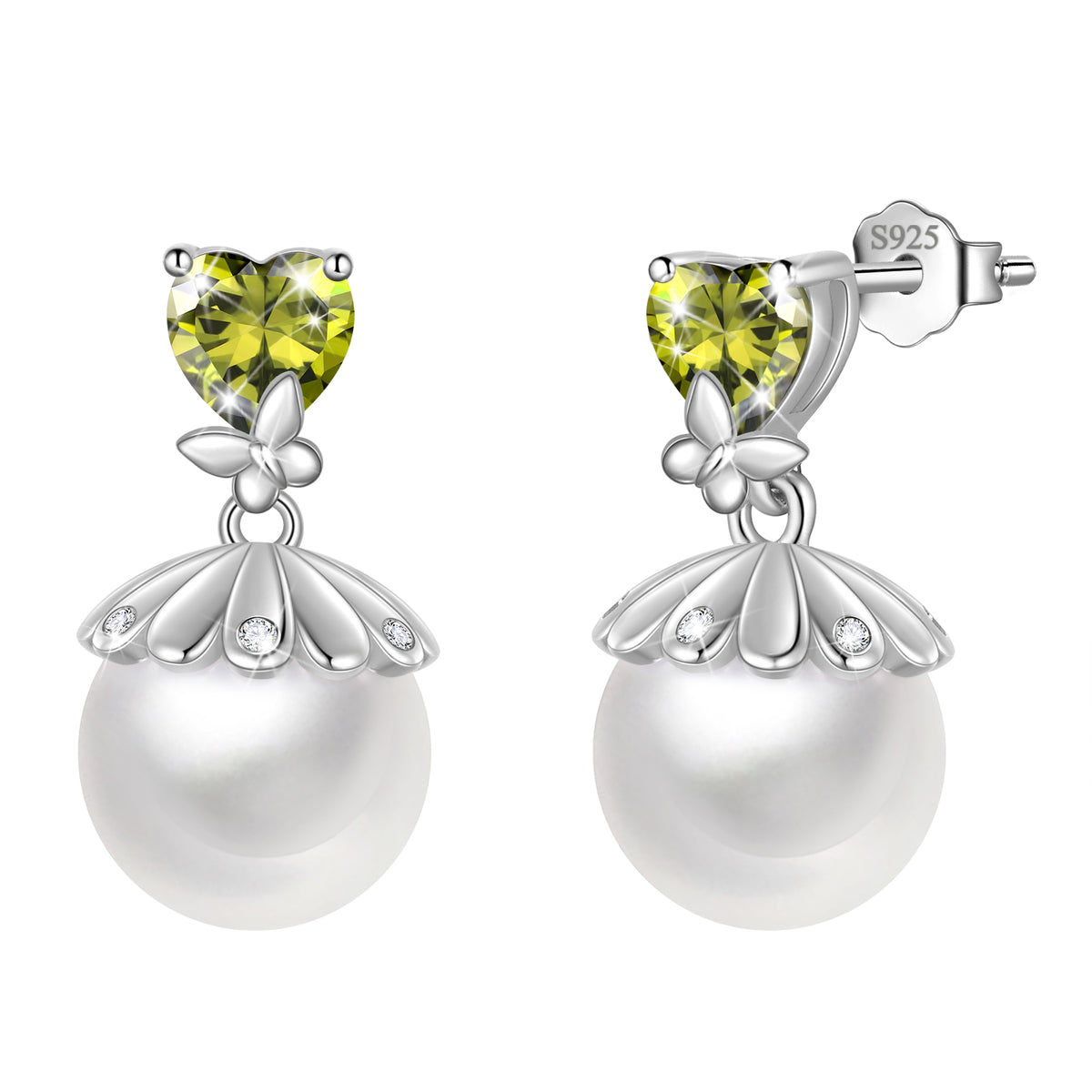 Fasjewly 8mm Natural Pearl Heart Earrings,925 Sterling Silver Heart Birthstone Butterfly Stud Earrings Birthday Anniversary Christmas Jewelry Gifts for Women / Wife / Lovers
