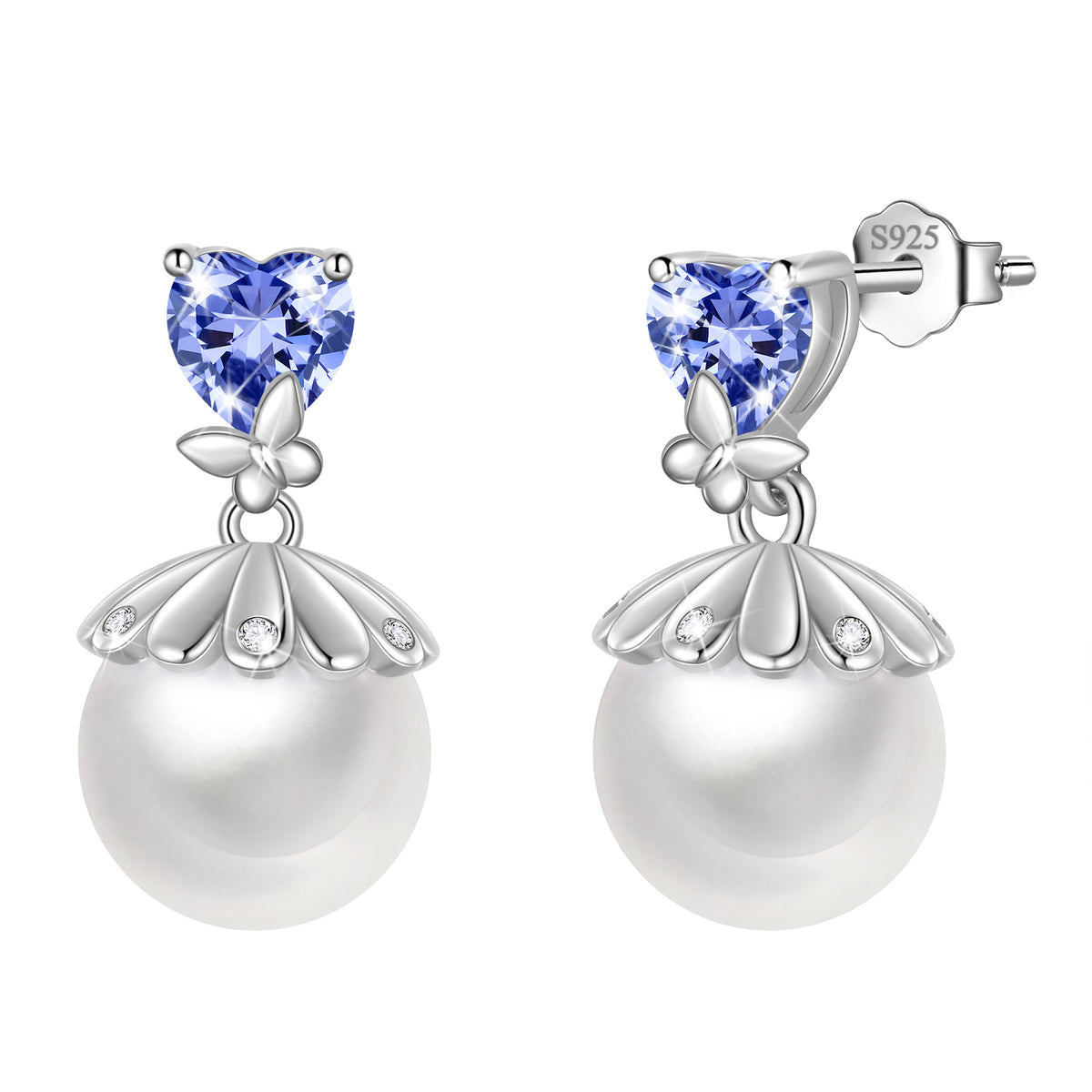 Fasjewly 8mm Natural Pearl Heart Earrings,925 Sterling Silver Heart Birthstone Butterfly Stud Earrings Birthday Anniversary Christmas Jewelry Gifts for Women / Wife / Lovers