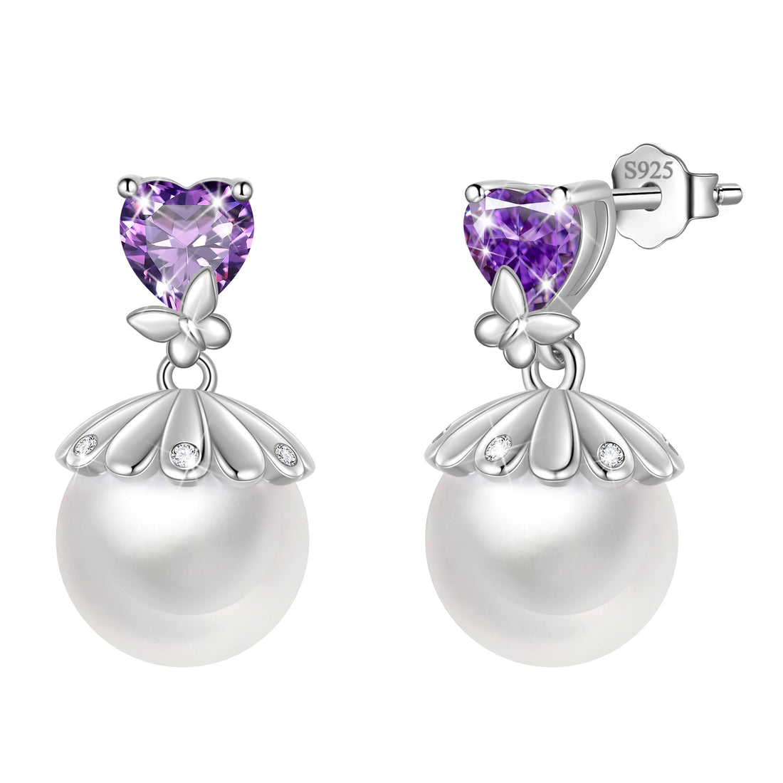 Fasjewly 8mm Natural Pearl Heart Earrings,925 Sterling Silver Heart Birthstone Butterfly Stud Earrings Birthday Anniversary Christmas Jewelry Gifts for Women / Wife / Lovers
