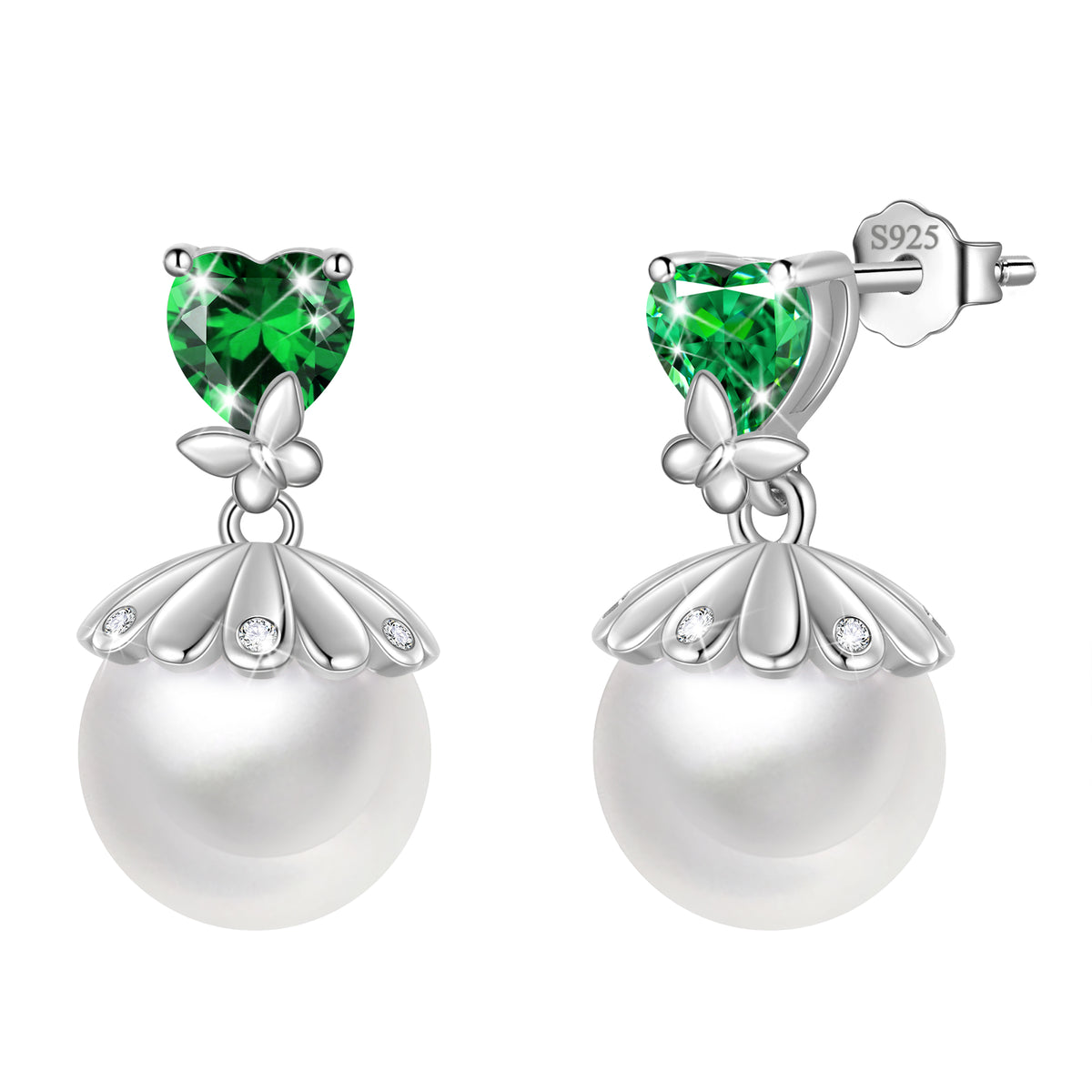 Fasjewly 8mm Natural Pearl Heart Earrings,925 Sterling Silver Heart Birthstone Butterfly Stud Earrings Birthday Anniversary Christmas Jewelry Gifts for Women / Wife / Lovers