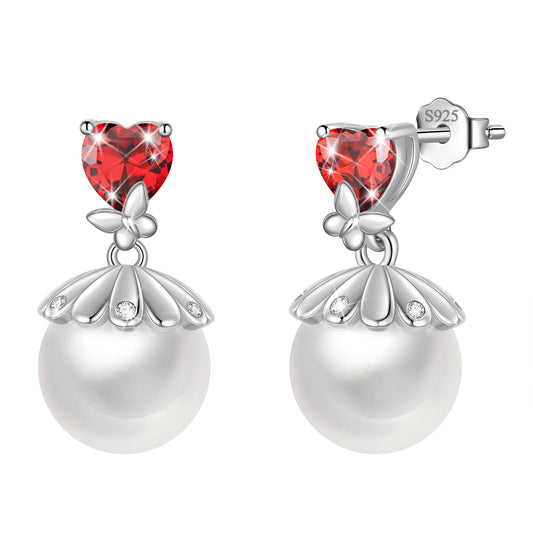 Fasjewly 8mm Natural Pearl Heart Earrings,925 Sterling Silver Heart Birthstone Butterfly Stud Earrings Birthday Anniversary Christmas Jewelry Gifts for Women / Wife / Lovers