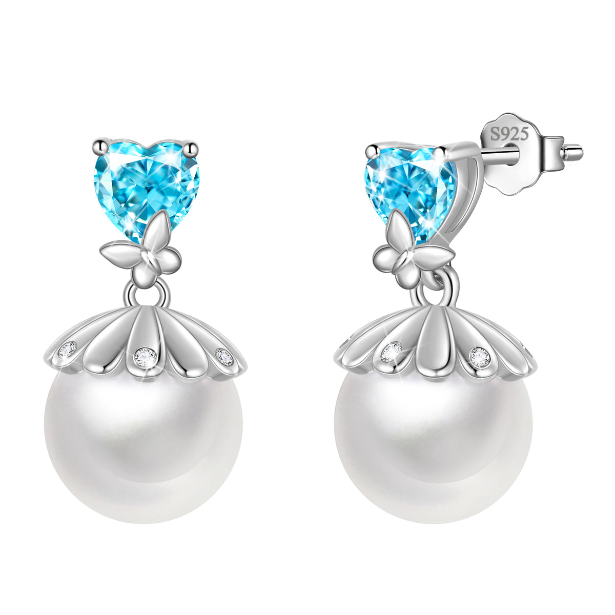 Fasjewly 8mm Natural Pearl Heart Earrings,925 Sterling Silver Heart Birthstone Butterfly Stud Earrings Birthday Anniversary Christmas Jewelry Gifts for Women / Wife / Lovers