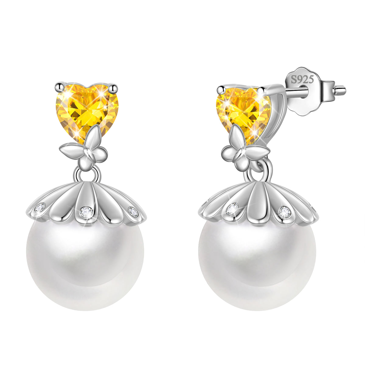 Fasjewly 8mm Natural Pearl Heart Earrings,925 Sterling Silver Heart Birthstone Butterfly Stud Earrings Birthday Anniversary Christmas Jewelry Gifts for Women / Wife / Lovers