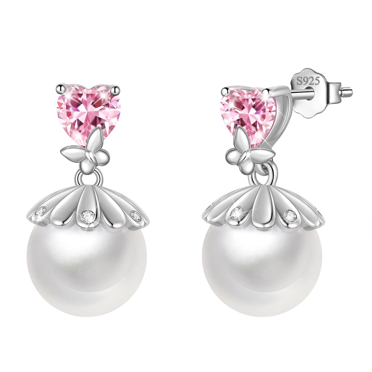 Fasjewly 8mm Natural Pearl Heart Earrings,925 Sterling Silver Heart Birthstone Butterfly Stud Earrings Birthday Anniversary Christmas Jewelry Gifts for Women / Wife / Lovers
