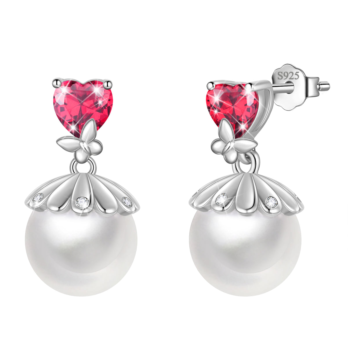 Fasjewly 8mm Natural Pearl Heart Earrings,925 Sterling Silver Heart Birthstone Butterfly Stud Earrings Birthday Anniversary Christmas Jewelry Gifts for Women / Wife / Lovers