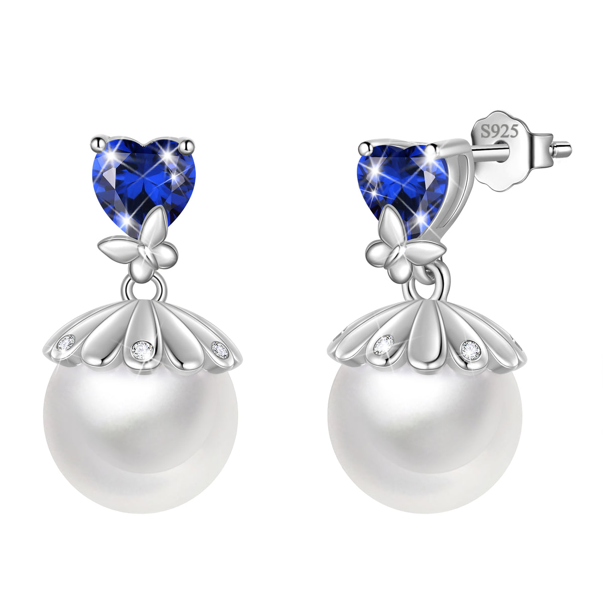 Fasjewly 8mm Natural Pearl Heart Earrings,925 Sterling Silver Heart Birthstone Butterfly Stud Earrings Birthday Anniversary Christmas Jewelry Gifts for Women / Wife / Lovers