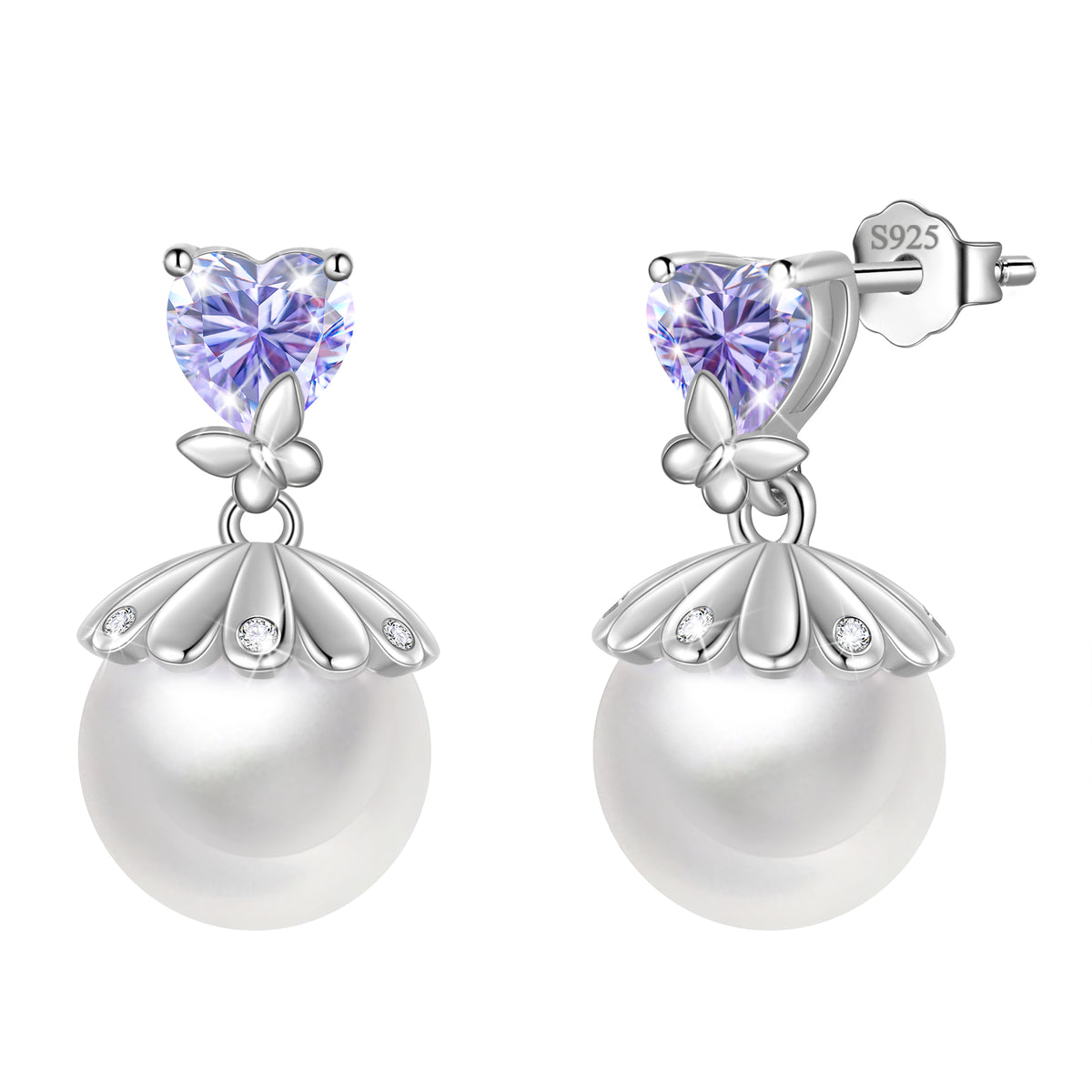 Fasjewly 8mm Natural Pearl Heart Earrings,925 Sterling Silver Heart Birthstone Butterfly Stud Earrings Birthday Anniversary Christmas Jewelry Gifts for Women / Wife / Lovers