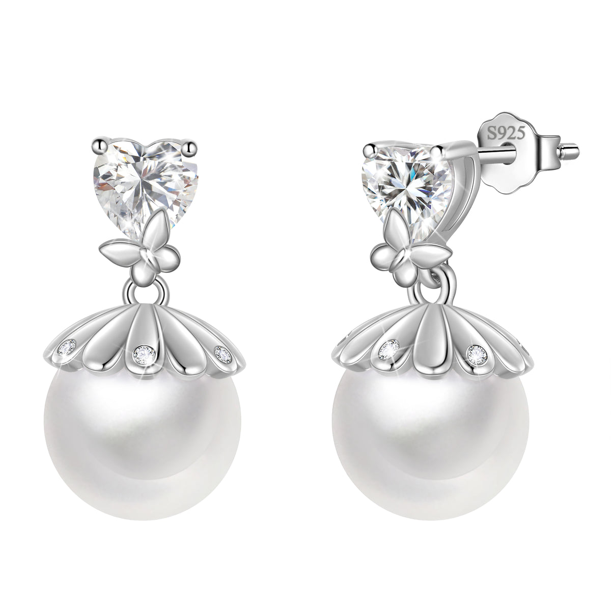 Fasjewly 8mm Natural Pearl Heart Earrings,925 Sterling Silver Heart Birthstone Butterfly Stud Earrings Birthday Anniversary Christmas Jewelry Gifts for Women / Wife / Lovers