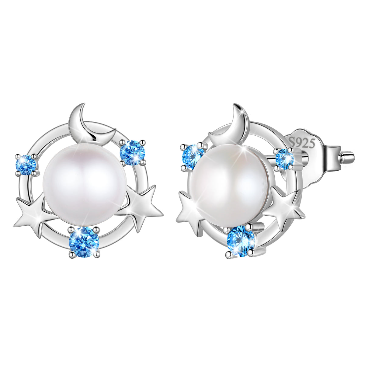 925 Sterling Silver Moon Star Stud Earrings, Natural Pearl Birthstone Earrings Jewelry,Birthday Christmas Anniversary Gift for Women/Mom/Wife