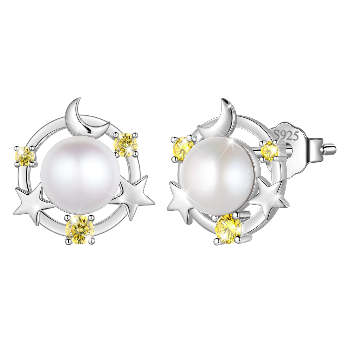 925 Sterling Silver Moon Star Stud Earrings, Natural Pearl Birthstone Earrings Jewelry,Birthday Christmas Anniversary Gift for Women/Mom/Wife