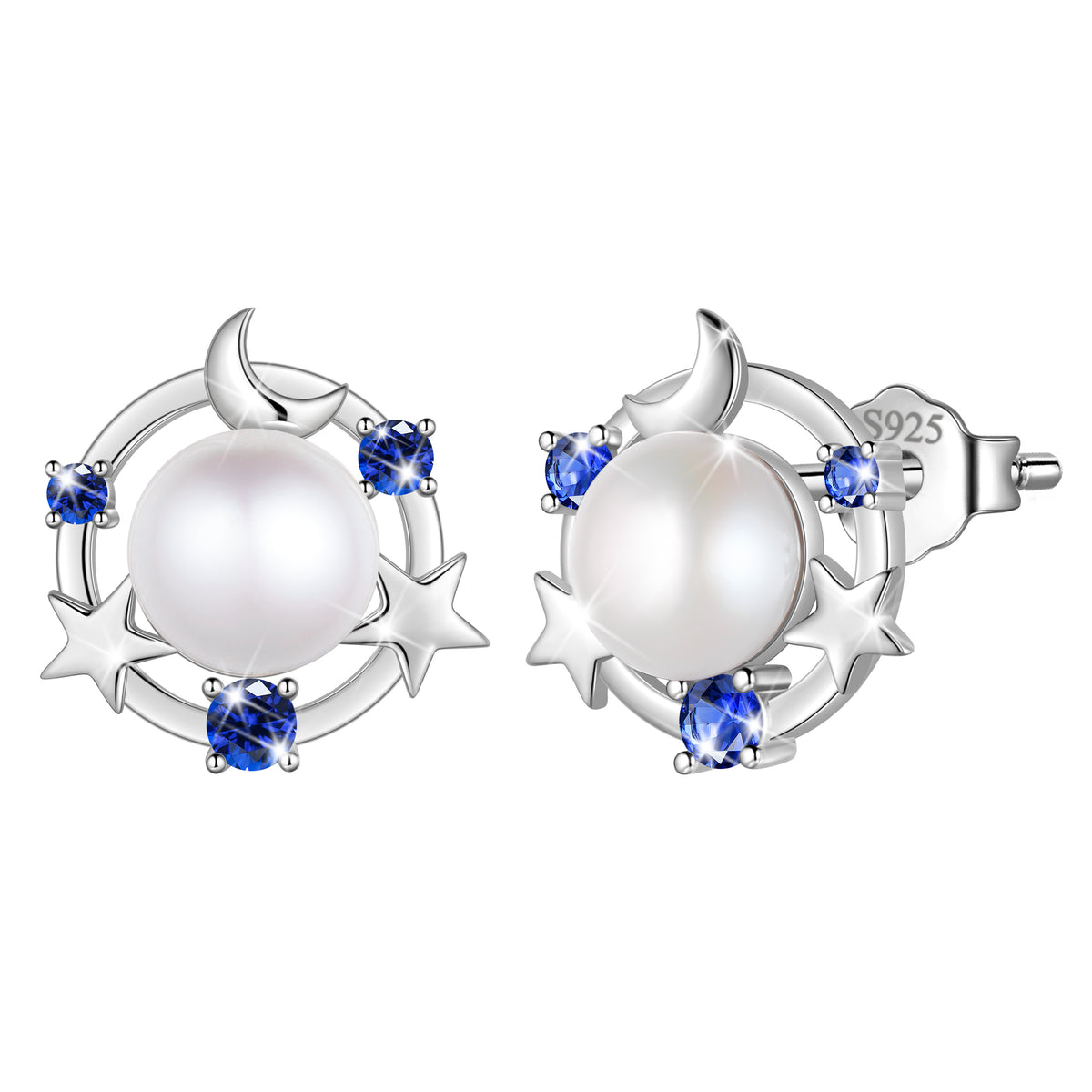 925 Sterling Silver Moon Star Stud Earrings, Natural Pearl Birthstone Earrings Jewelry,Birthday Christmas Anniversary Gift for Women/Mom/Wife