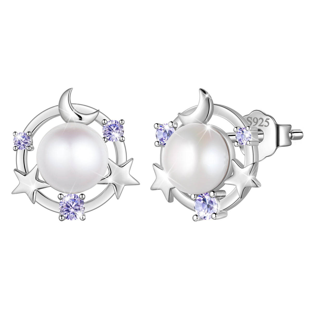 925 Sterling Silver Moon Star Stud Earrings, Natural Pearl Birthstone Earrings Jewelry,Birthday Christmas Anniversary Gift for Women/Mom/Wife