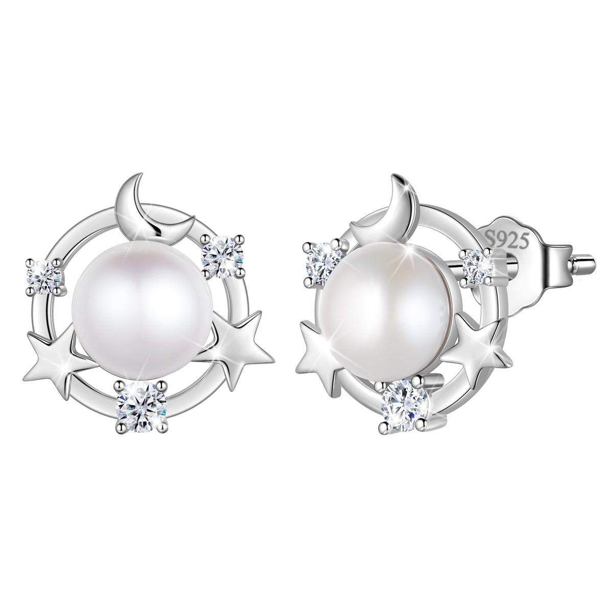 925 Sterling Silver Moon Star Stud Earrings, Natural Pearl Birthstone Earrings Jewelry,Birthday Christmas Anniversary Gift for Women/Mom/Wife