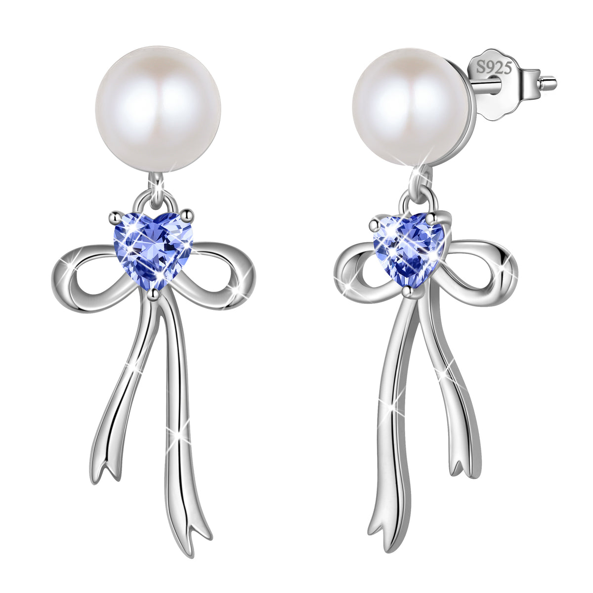 925 Sterling Silver Birthstone Earrings for Women, Pearl Bow Dangle Stud Earrings, Birthday Jewelry Gift for Her,Mom,Daughter