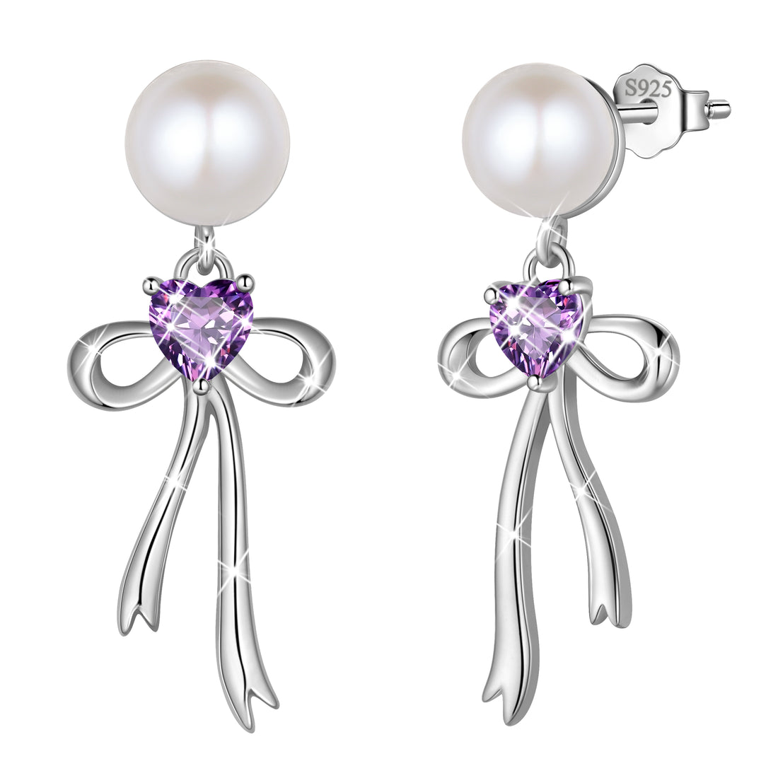 925 Sterling Silver Birthstone Earrings for Women, Pearl Bow Dangle Stud Earrings, Birthday Jewelry Gift for Her,Mom,Daughter