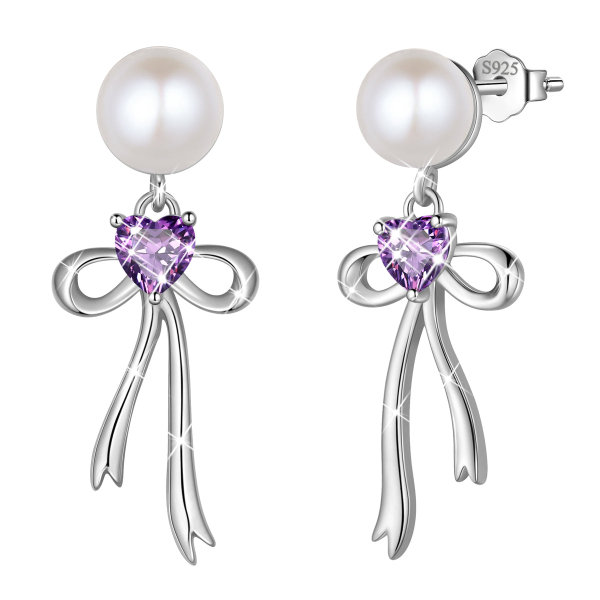 925 Sterling Silver Birthstone Earrings for Women, Pearl Bow Dangle Stud Earrings, Birthday Jewelry Gift for Her,Mom,Daughter