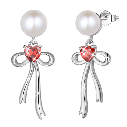 925 Sterling Silver Birthstone Earrings for Women, Pearl Bow Dangle Stud Earrings, Birthday Jewelry Gift for Her,Mom,Daughter