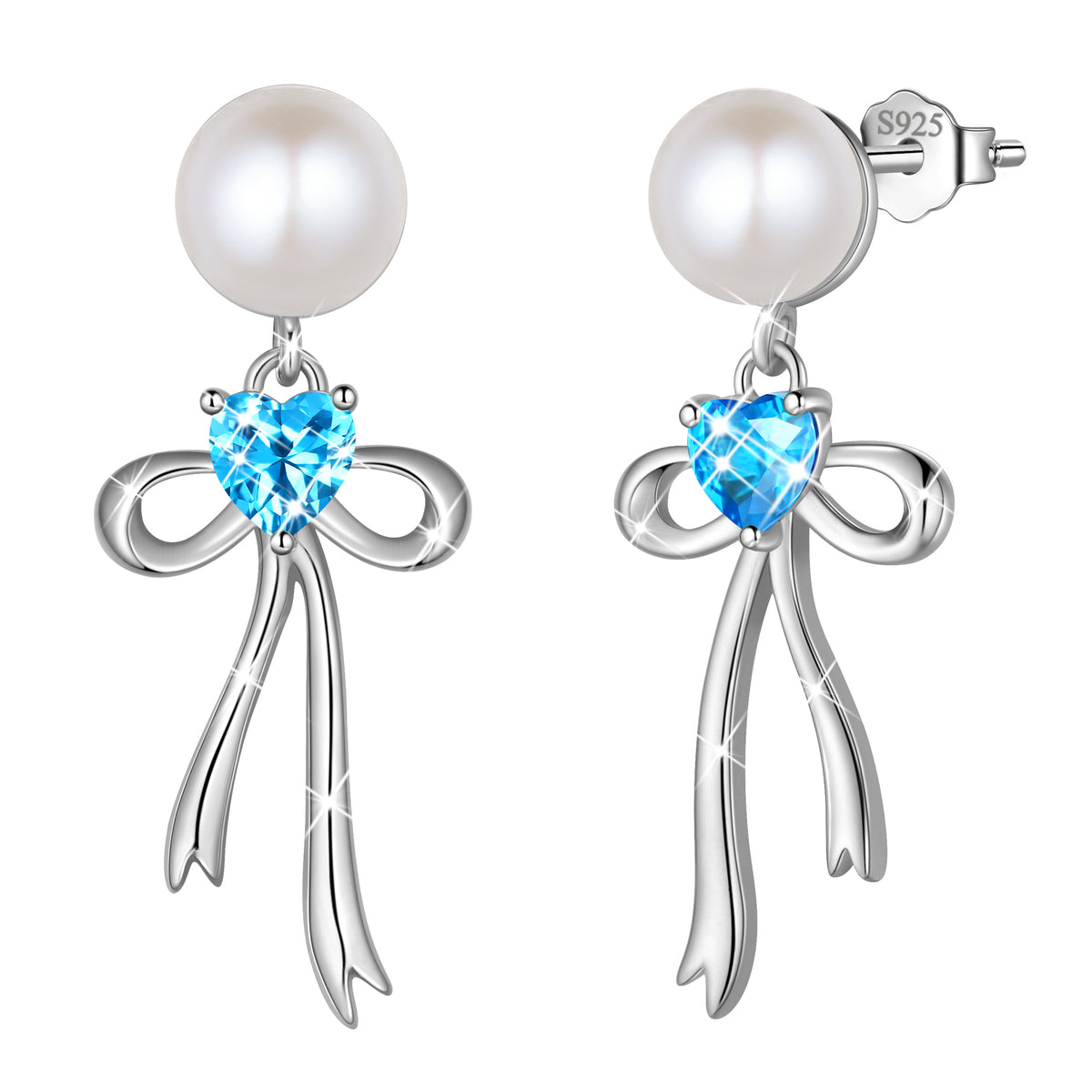 925 Sterling Silver Birthstone Earrings for Women, Pearl Bow Dangle Stud Earrings, Birthday Jewelry Gift for Her,Mom,Daughter