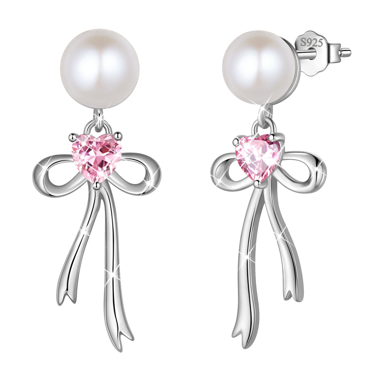 925 Sterling Silver Birthstone Earrings for Women, Pearl Bow Dangle Stud Earrings, Birthday Jewelry Gift for Her,Mom,Daughter