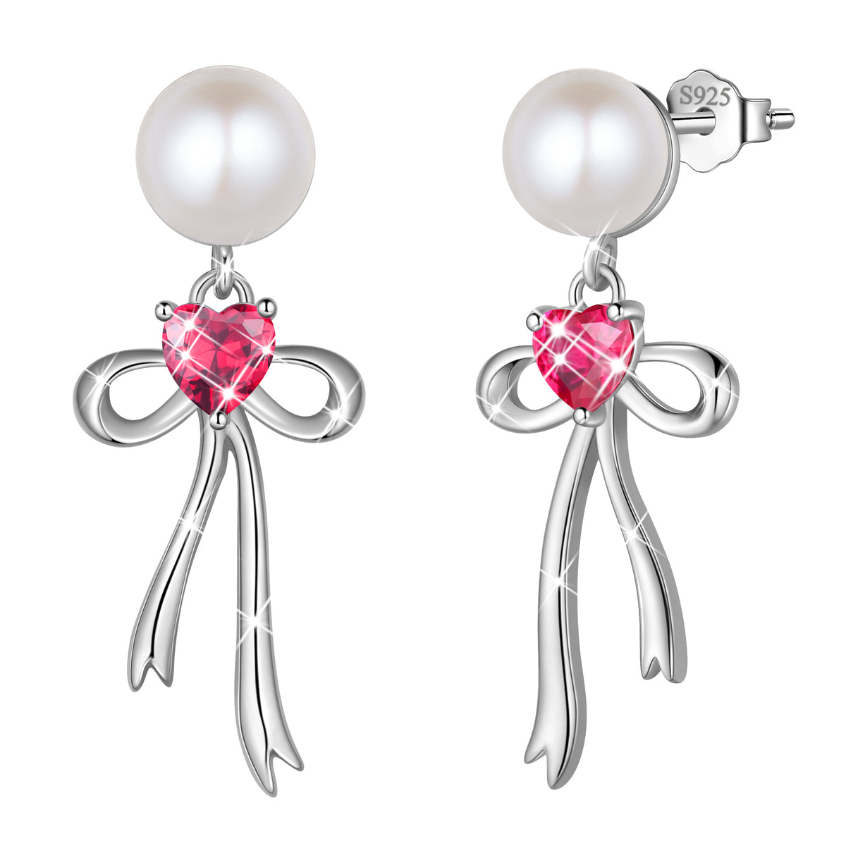 925 Sterling Silver Birthstone Earrings for Women, Pearl Bow Dangle Stud Earrings, Birthday Jewelry Gift for Her,Mom,Daughter