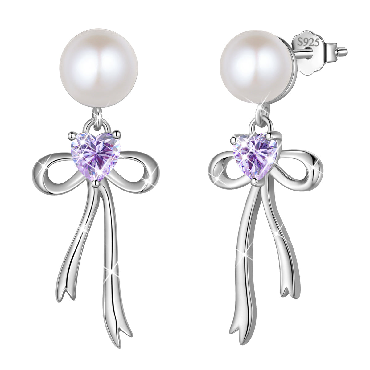 925 Sterling Silver Birthstone Earrings for Women, Pearl Bow Dangle Stud Earrings, Birthday Jewelry Gift for Her,Mom,Daughter
