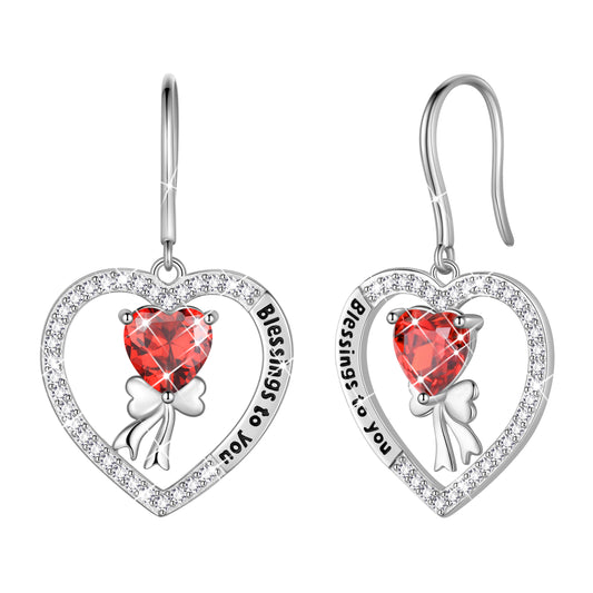 925 Sterling Silver Heart Birthstone Hook Earrings, Bow Knot Crystal Dangle Christmas Birthday Anniversary Jewelry Gift for Women Mom