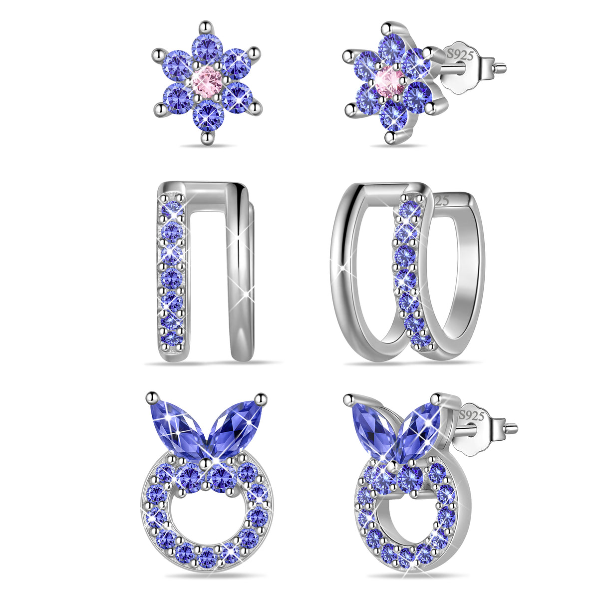 3 Pairs 925 Sterling Silver Butterfly Birthstone Earrings Set for Women, Flower Studs and Ear Cuffs Jewelry Set Birthday Christmas Anniversary Gift for her