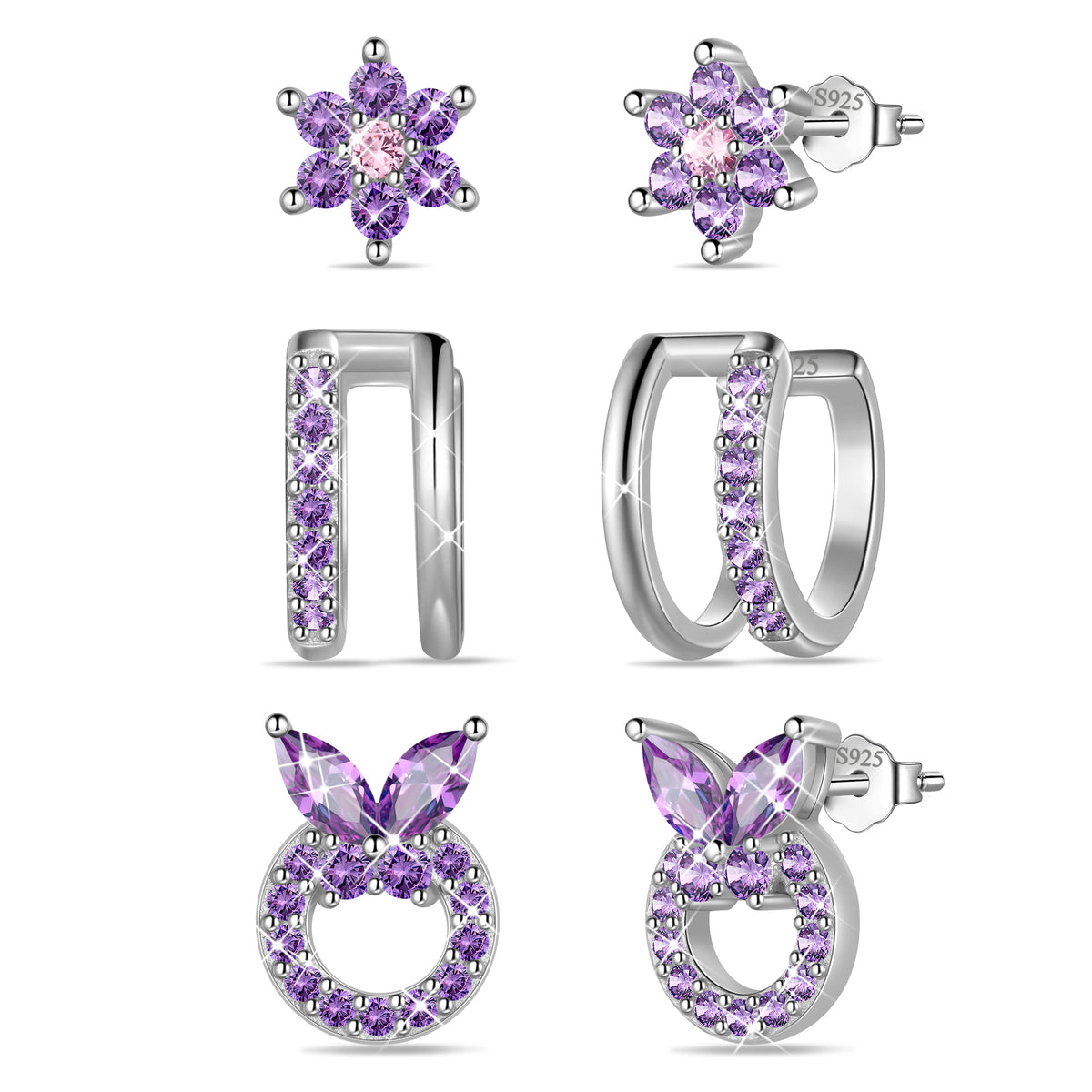 3 Pairs 925 Sterling Silver Butterfly Birthstone Earrings Set for Women, Flower Studs and Ear Cuffs Jewelry Set Birthday Christmas Anniversary Gift for her