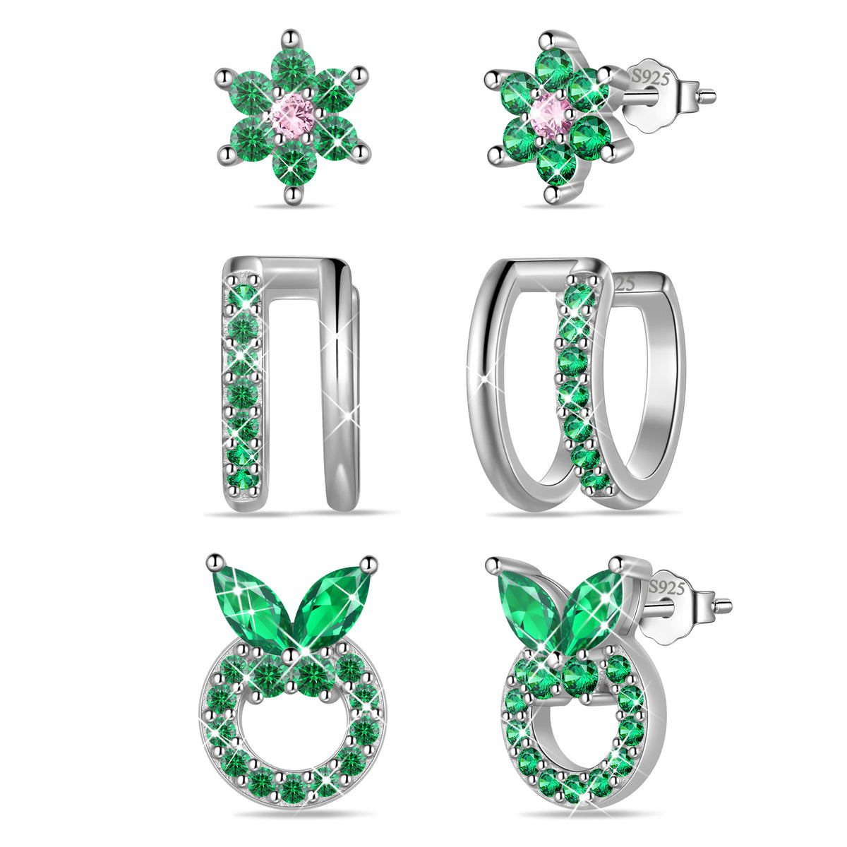3 Pairs 925 Sterling Silver Butterfly Birthstone Earrings Set for Women, Flower Studs and Ear Cuffs Jewelry Set Birthday Christmas Anniversary Gift for her