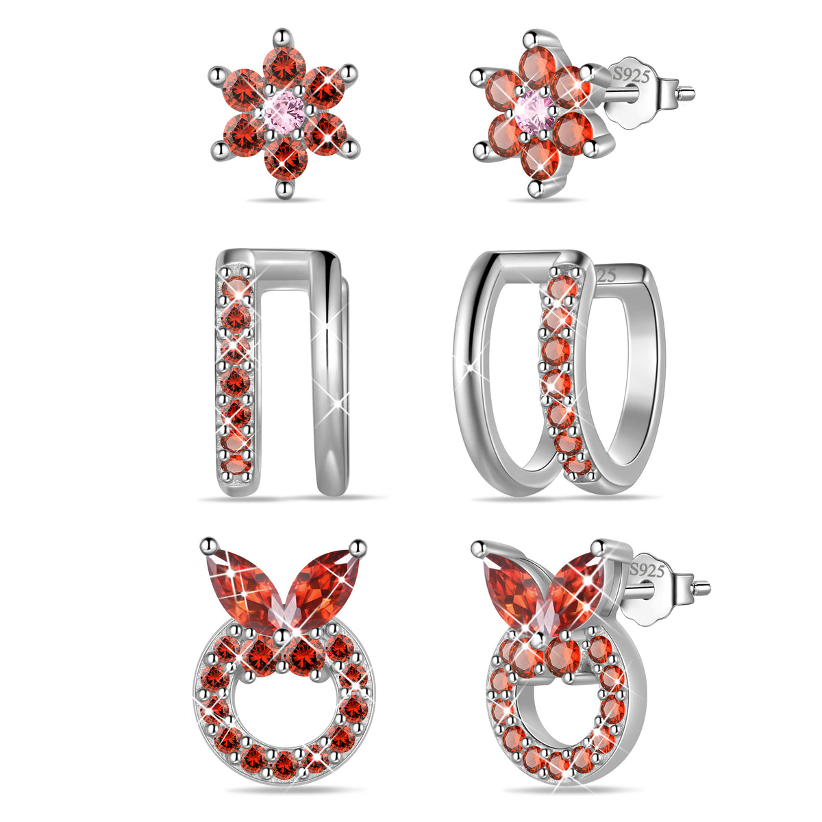 3 Pairs 925 Sterling Silver Butterfly Birthstone Earrings Set for Women, Flower Studs and Ear Cuffs Jewelry Set Birthday Christmas Anniversary Gift for her