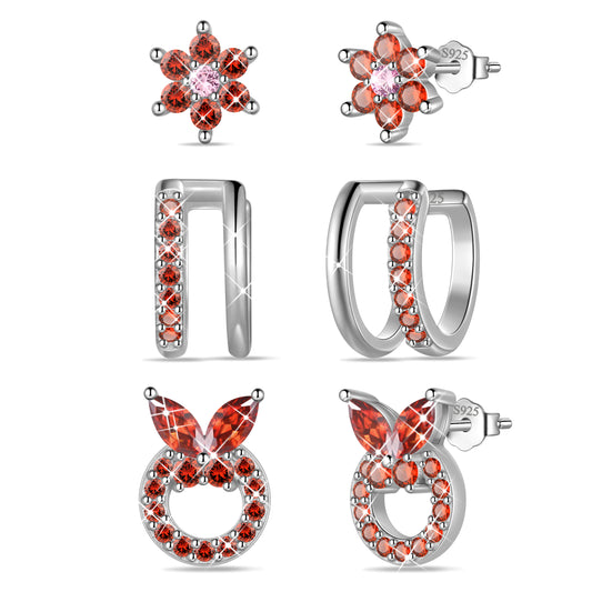 3 Pairs 925 Sterling Silver Butterfly Birthstone Earrings Set for Women, Flower Studs and Ear Cuffs Jewelry Set Birthday Christmas Anniversary Gift for her