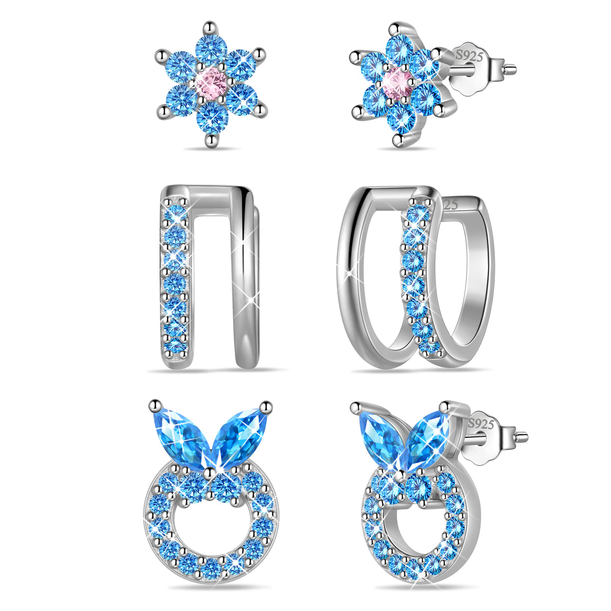 3 Pairs 925 Sterling Silver Butterfly Birthstone Earrings Set for Women, Flower Studs and Ear Cuffs Jewelry Set Birthday Christmas Anniversary Gift for her