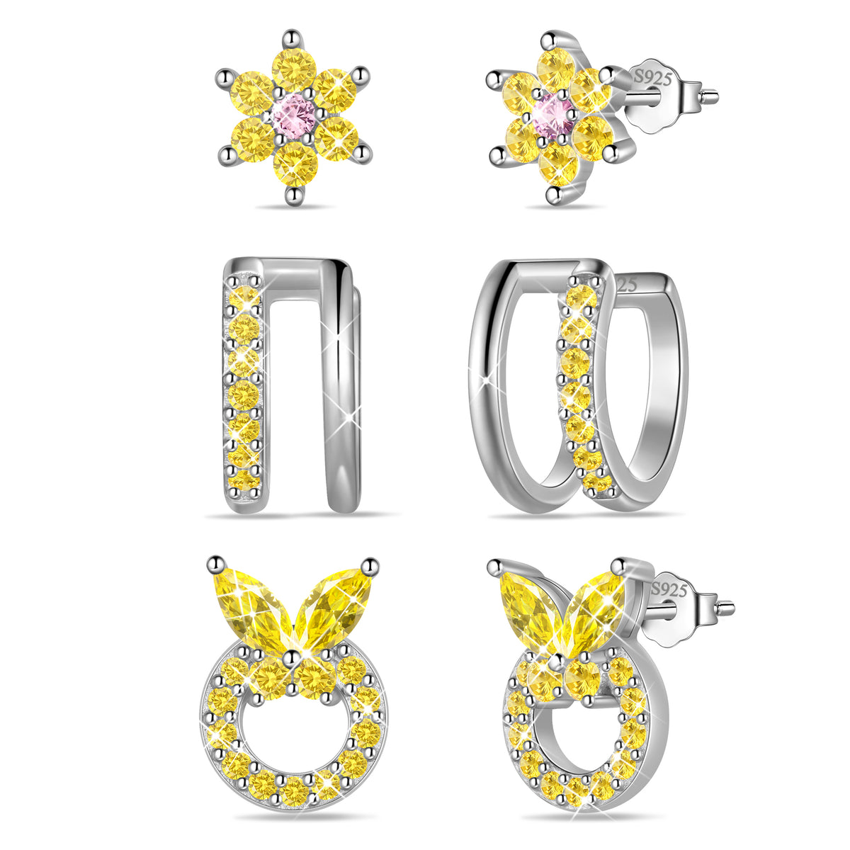 3 Pairs 925 Sterling Silver Butterfly Birthstone Earrings Set for Women, Flower Studs and Ear Cuffs Jewelry Set Birthday Christmas Anniversary Gift for her