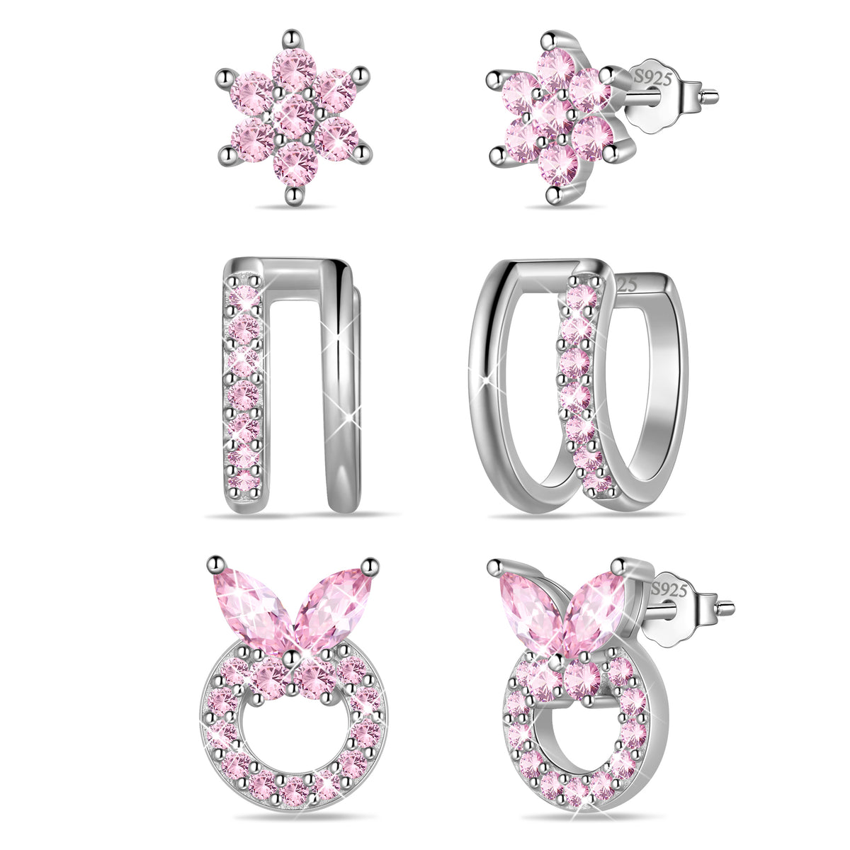 3 Pairs 925 Sterling Silver Butterfly Birthstone Earrings Set for Women, Flower Studs and Ear Cuffs Jewelry Set Birthday Christmas Anniversary Gift for her