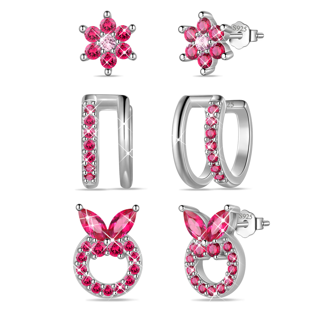3 Pairs 925 Sterling Silver Butterfly Birthstone Earrings Set for Women, Flower Studs and Ear Cuffs Jewelry Set Birthday Christmas Anniversary Gift for her