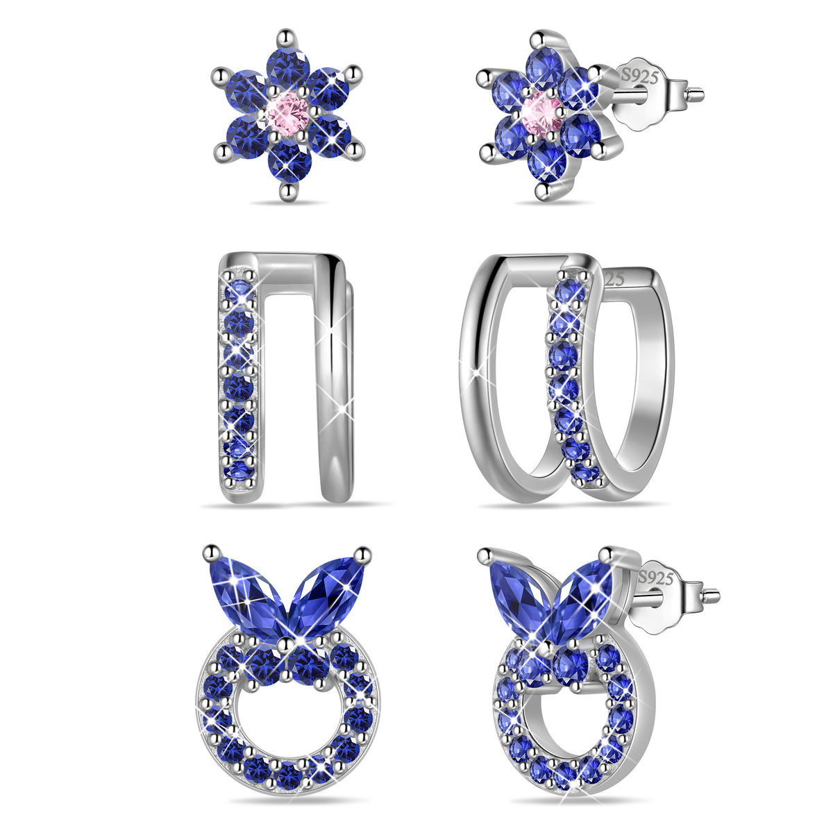 3 Pairs 925 Sterling Silver Butterfly Birthstone Earrings Set for Women, Flower Studs and Ear Cuffs Jewelry Set Birthday Christmas Anniversary Gift for her