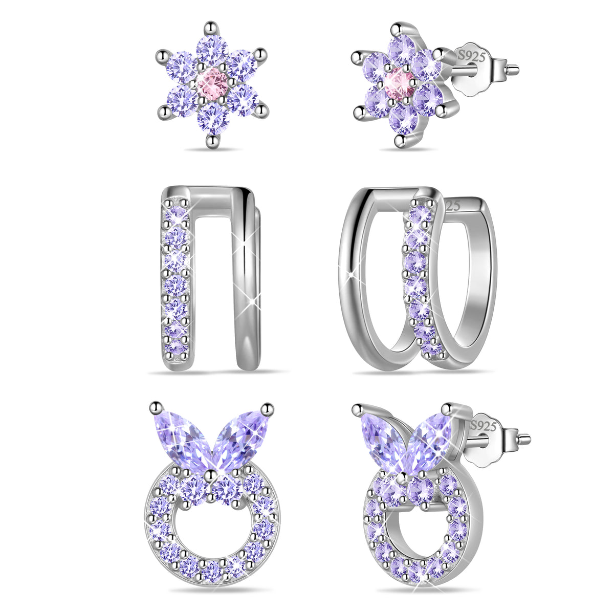 3 Pairs 925 Sterling Silver Butterfly Birthstone Earrings Set for Women, Flower Studs and Ear Cuffs Jewelry Set Birthday Christmas Anniversary Gift for her