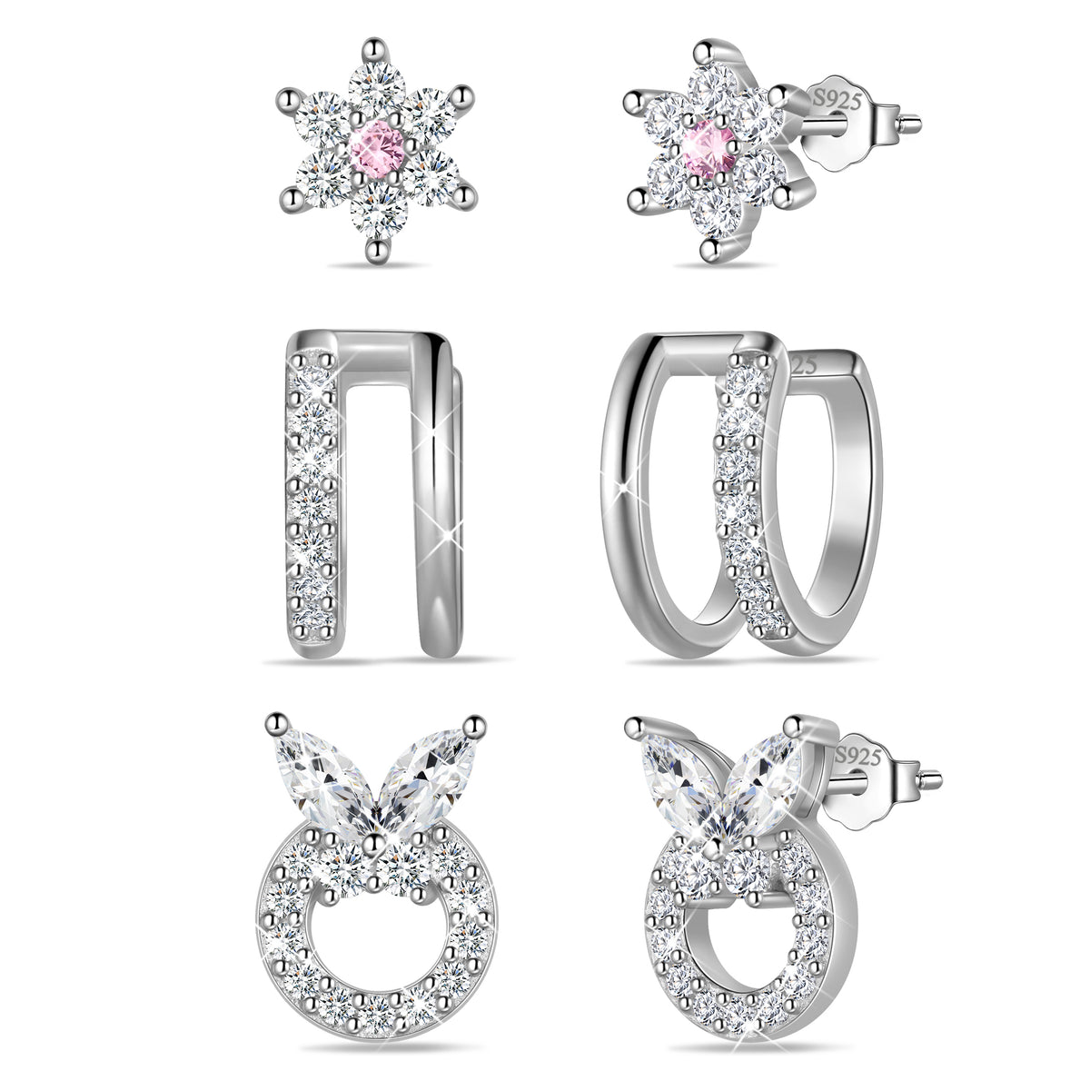 3 Pairs 925 Sterling Silver Butterfly Birthstone Earrings Set for Women, Flower Studs and Ear Cuffs Jewelry Set Birthday Christmas Anniversary Gift for her