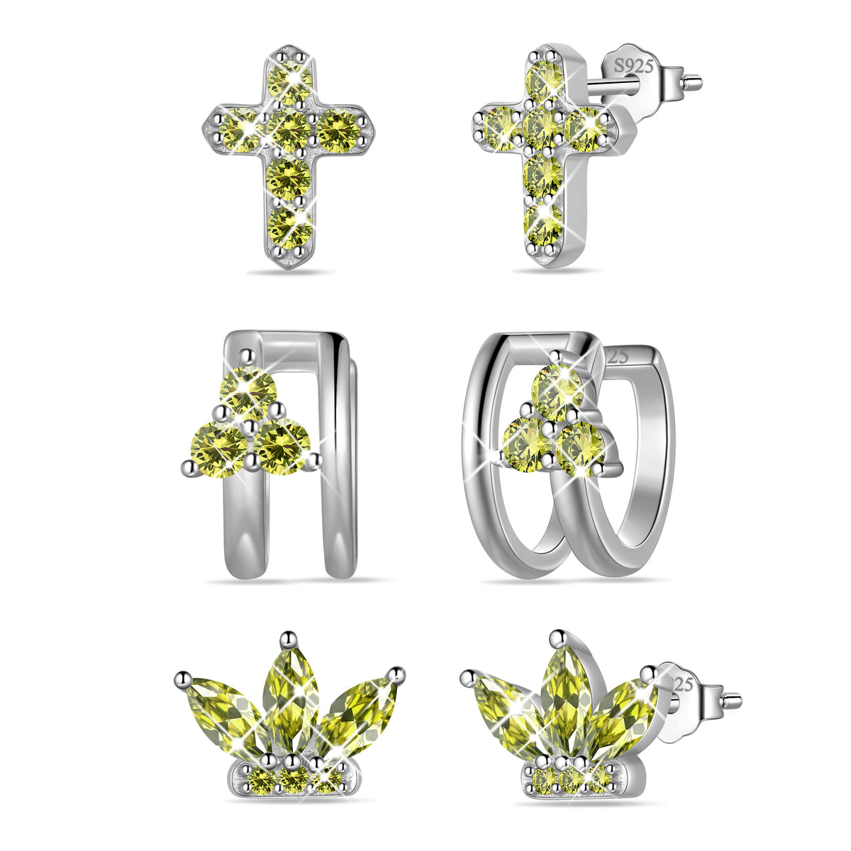 3 Pairs 925 Sterling Silver Cross Birthstone Earrings Set for Women, Flower Studs and Ear Cuffs Jewelry Set Birthday Christmas Anniversary Gift for Her