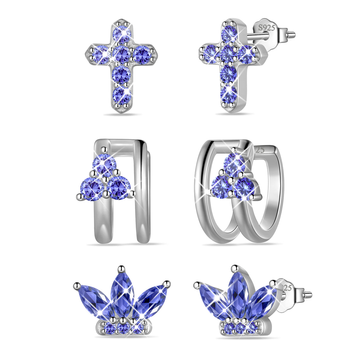 3 Pairs 925 Sterling Silver Cross Birthstone Earrings Set for Women, Flower Studs and Ear Cuffs Jewelry Set Birthday Christmas Anniversary Gift for Her