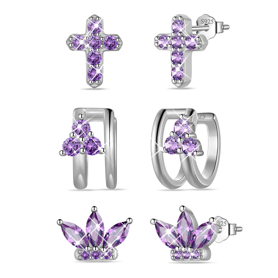 3 Pairs 925 Sterling Silver Cross Birthstone Earrings Set for Women, Flower Studs and Ear Cuffs Jewelry Set Birthday Christmas Anniversary Gift for Her